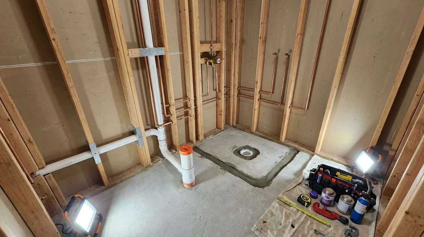 Bathroom rough-in plumbing during remodel by Johns Plumbing LLC in Genoa
