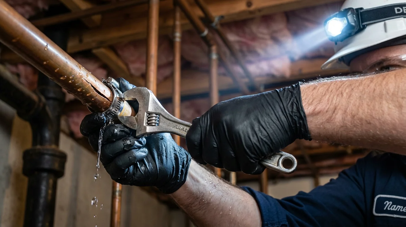 Emergency pipe clamp repair being performed by a Johns Plumbing LLC plumber in Genoa