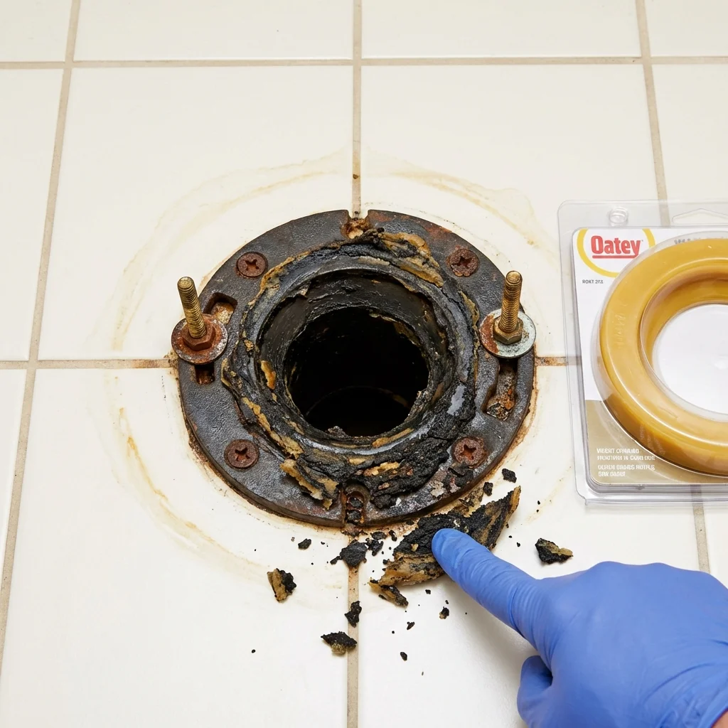 Failed wax ring showing water seepage at the base of a toilet in a Genoa, IL home