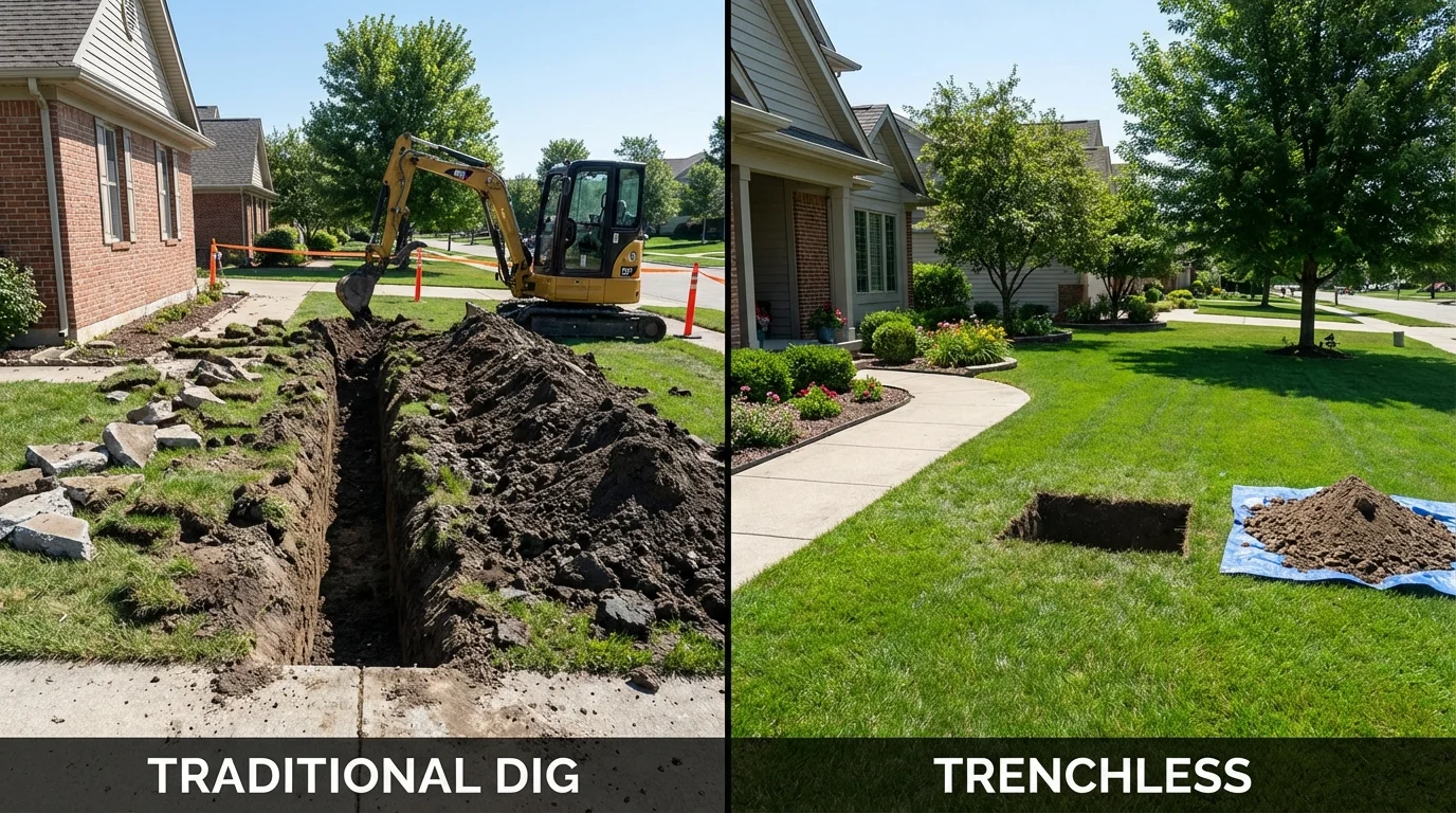 Trenchless sewer repair with minimal yard damage versus traditional excavation in Genoa, IL